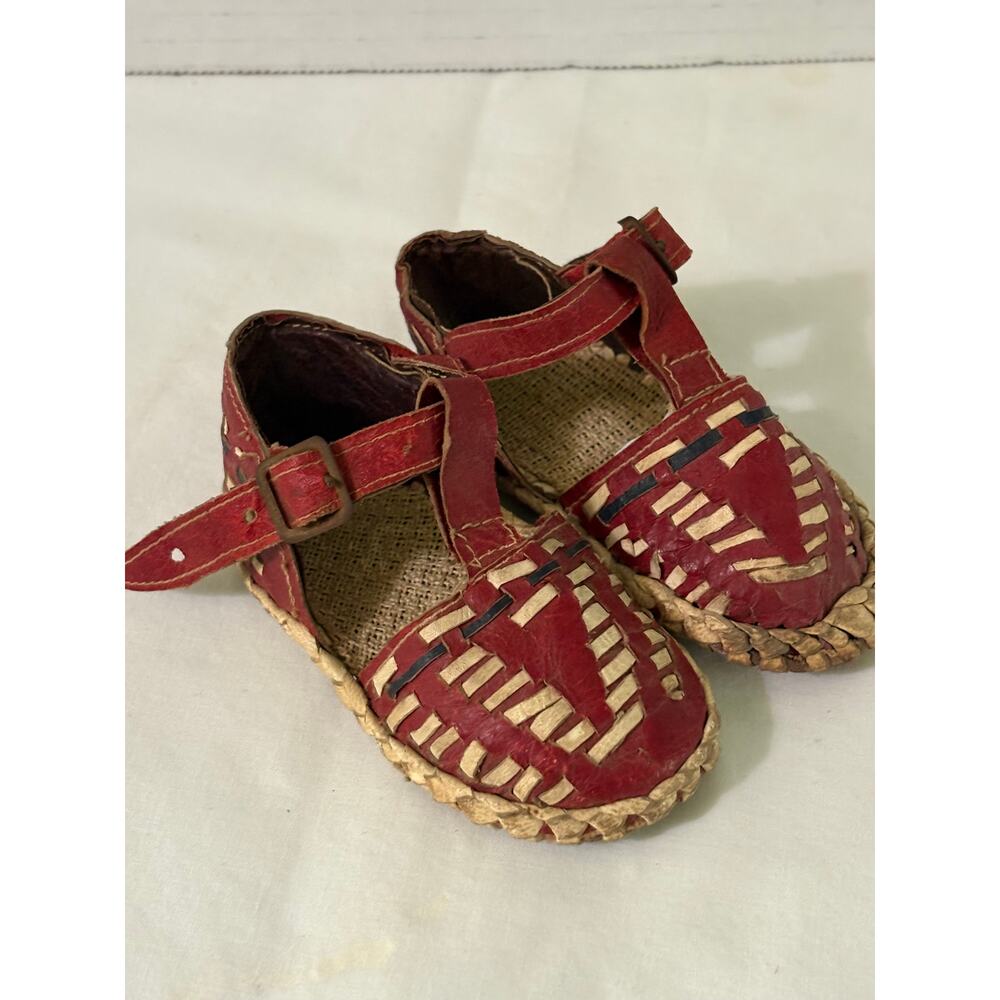 Vintage Red Leather Baby Shoes-Handmade Huaraches-Doll Shoes?-1950's Mexico
